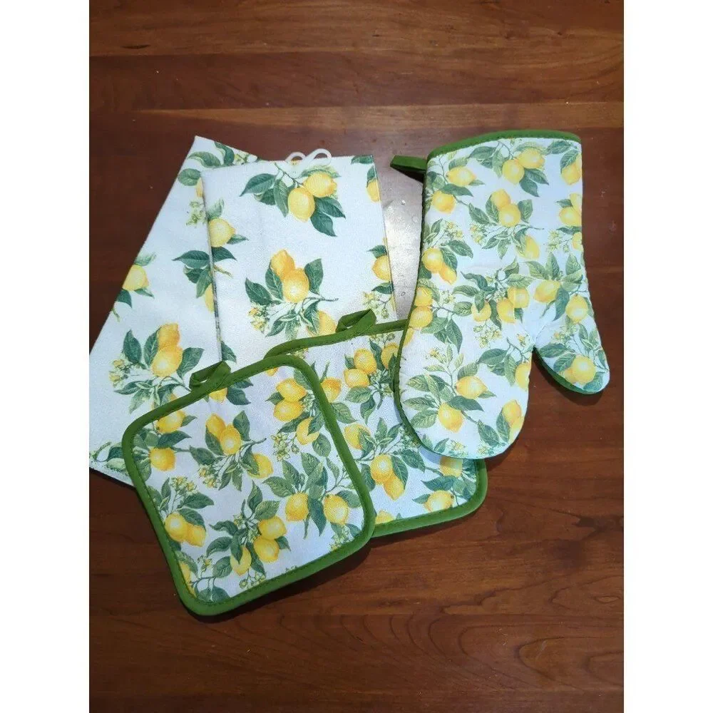 Lemon kitchen set towels pot holders brand new